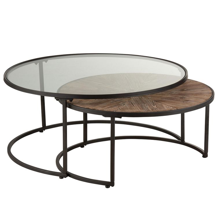 Coffee Table - Round - 2 Tier - Black Metal - Mirrored and Wood