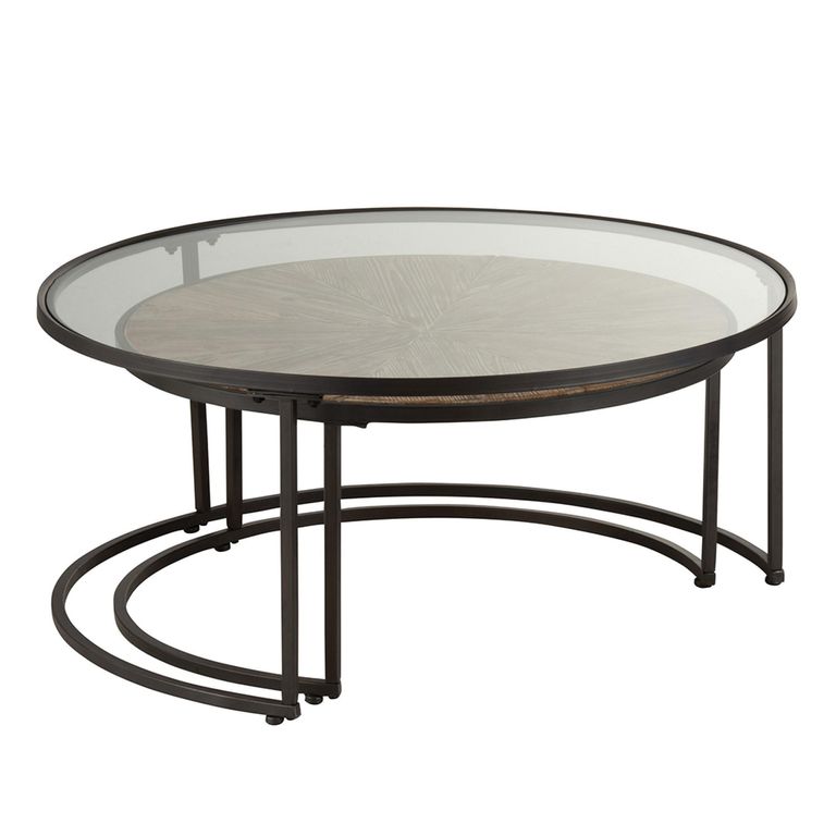 Coffee Table - Round - 2 Tier - Black Metal - Mirrored and Wood