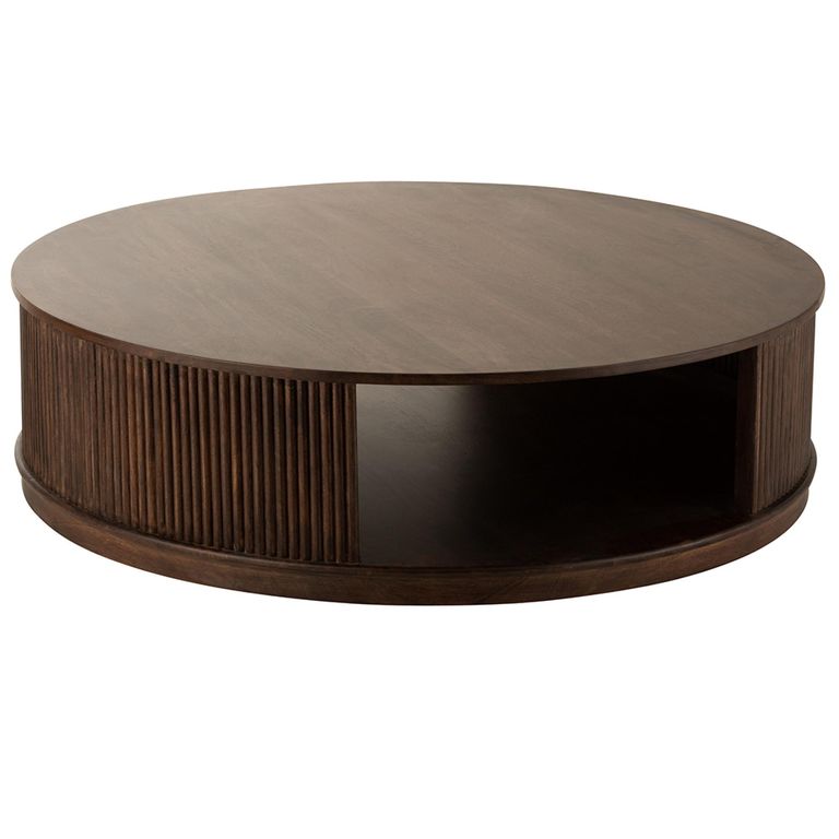 Reyi Fluted Coffe Table - Storage - Round - Large - On Wheels - Dark Brown - Mango Wood