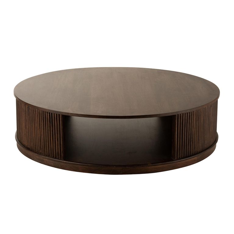 Reyi Fluted Coffe Table - Storage - Round - Large - On Wheels - Dark Brown - Mango Wood