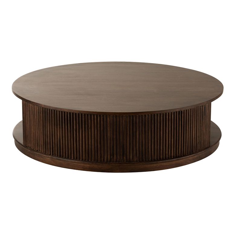 Reyi Fluted Coffe Table - Storage - Round - Large - On Wheels - Dark Brown - Mango Wood