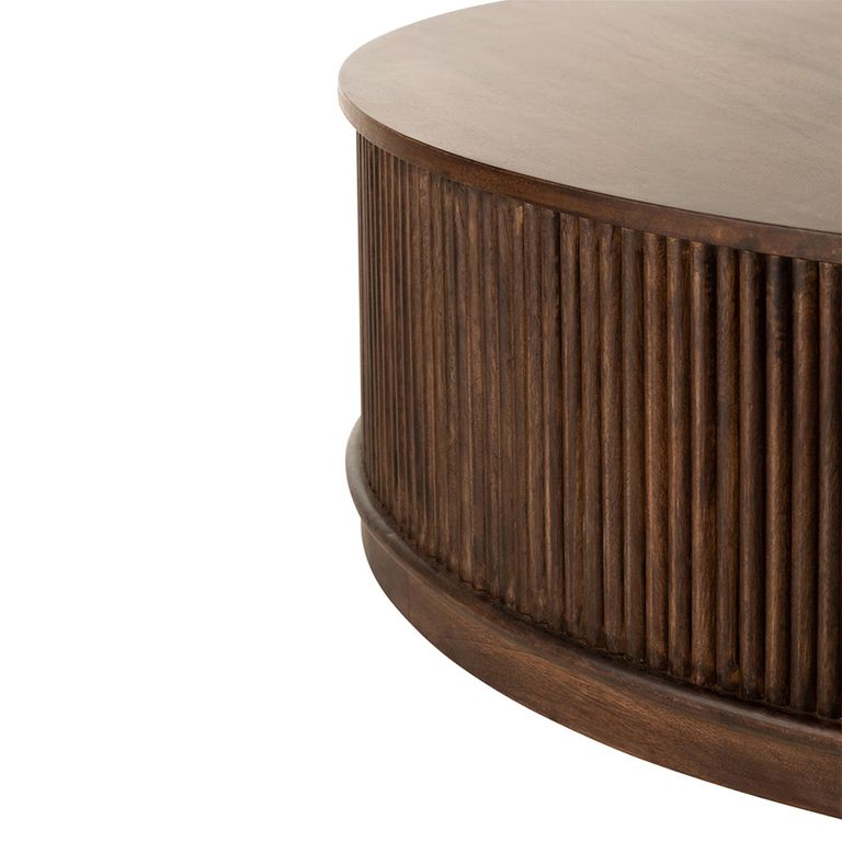 Reyi Fluted Coffe Table - Storage - Round - Large - On Wheels - Dark Brown - Mango Wood