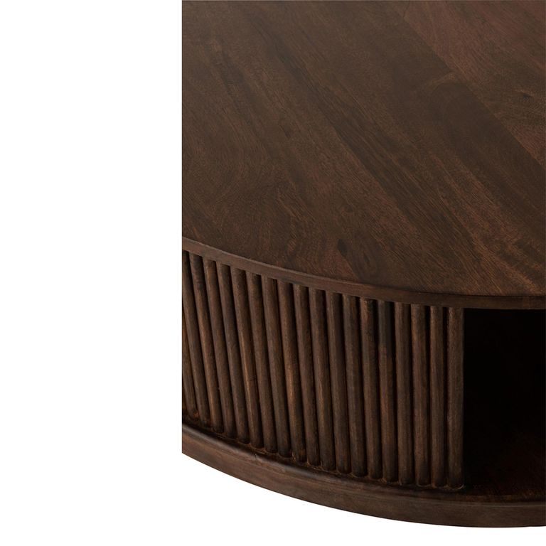 Reyi Fluted Coffe Table - Storage - Round - Large - On Wheels - Dark Brown - Mango Wood