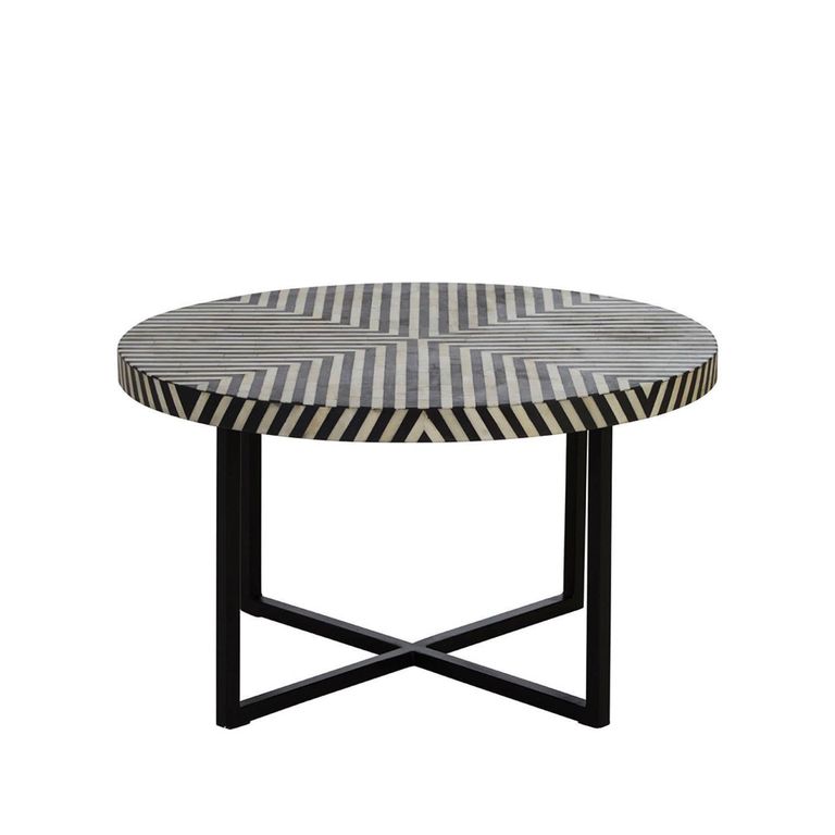 Boho Coffee Table - Black Bone Inlay - Round with Cross Base