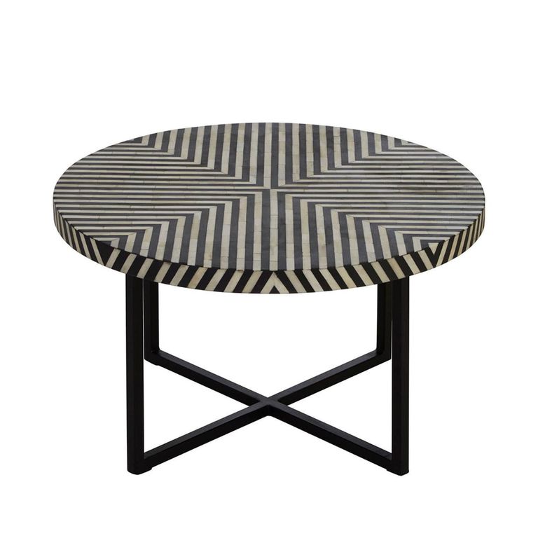 Boho Coffee Table - Black Bone Inlay - Round with Cross Base