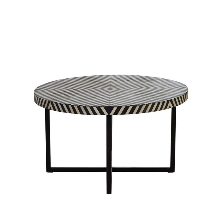 Boho Coffee Table - Black Bone Inlay - Round with Cross Base