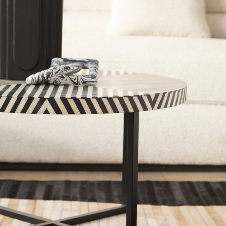 Boho Coffee Table - Black Bone Inlay - Round with Cross Base