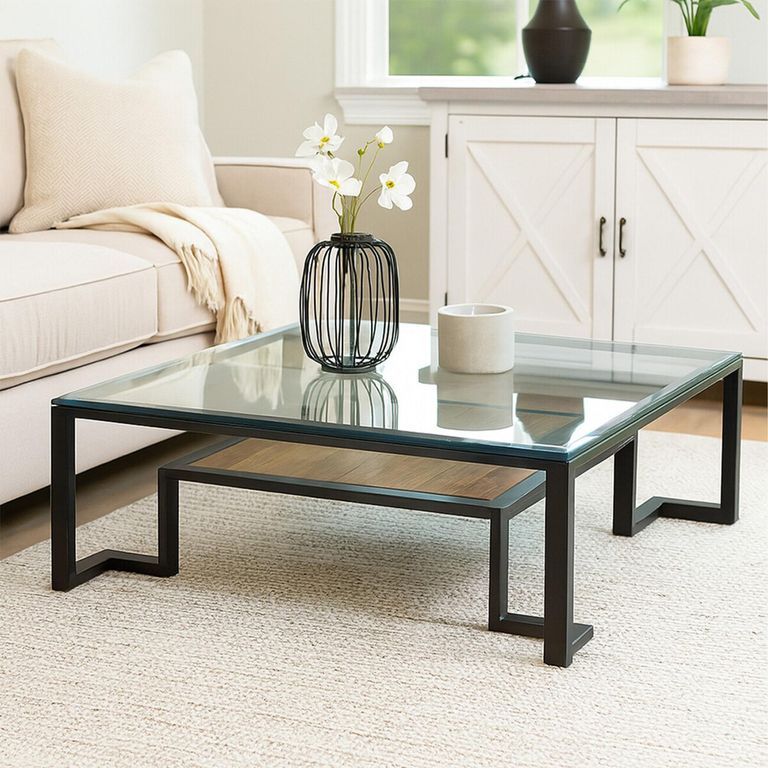 Cibo Coffee Table - Square - Clear Glass with Black Metal - with Shelf