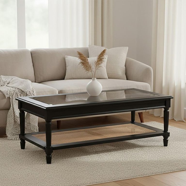 Corso Coffee Table - Clear Glass with Black Wood and Rattan Shelf