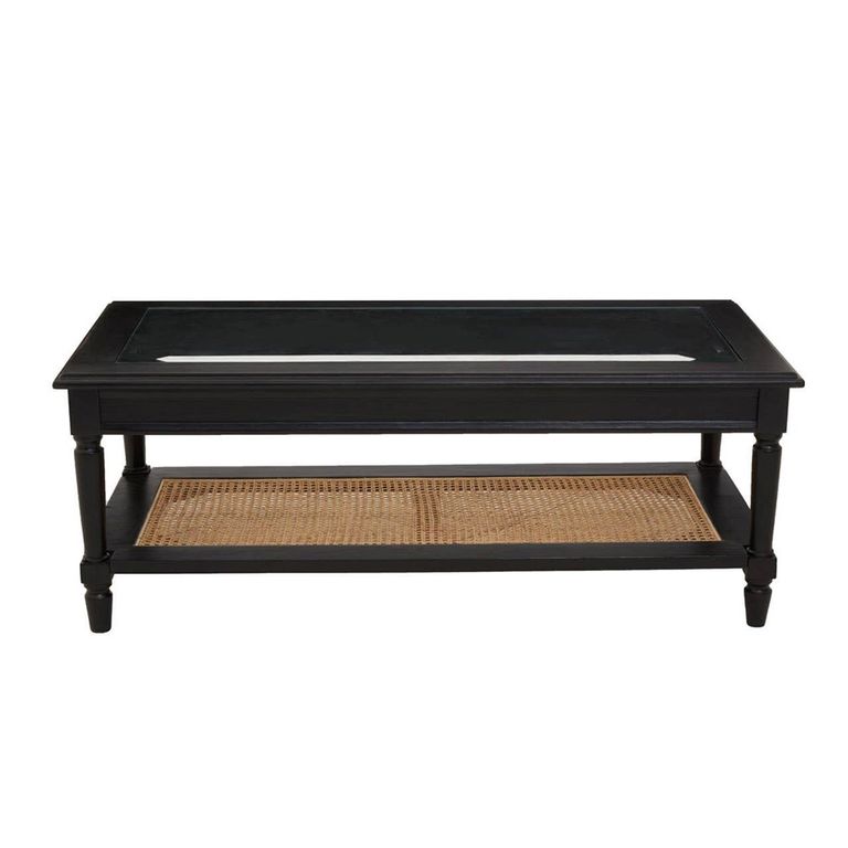 Corso Coffee Table - Clear Glass with Black Wood and Rattan Shelf