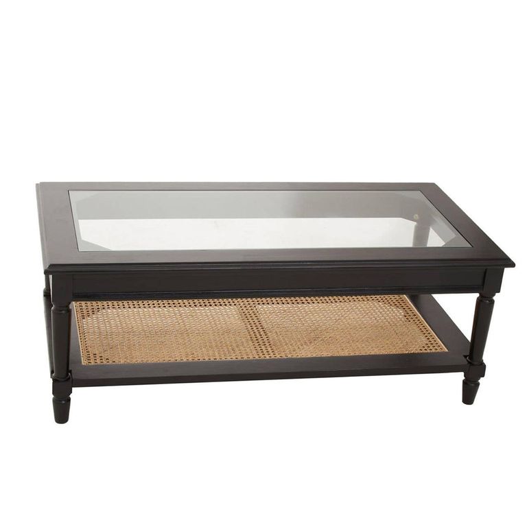 Corso Coffee Table - Clear Glass with Black Wood and Rattan Shelf