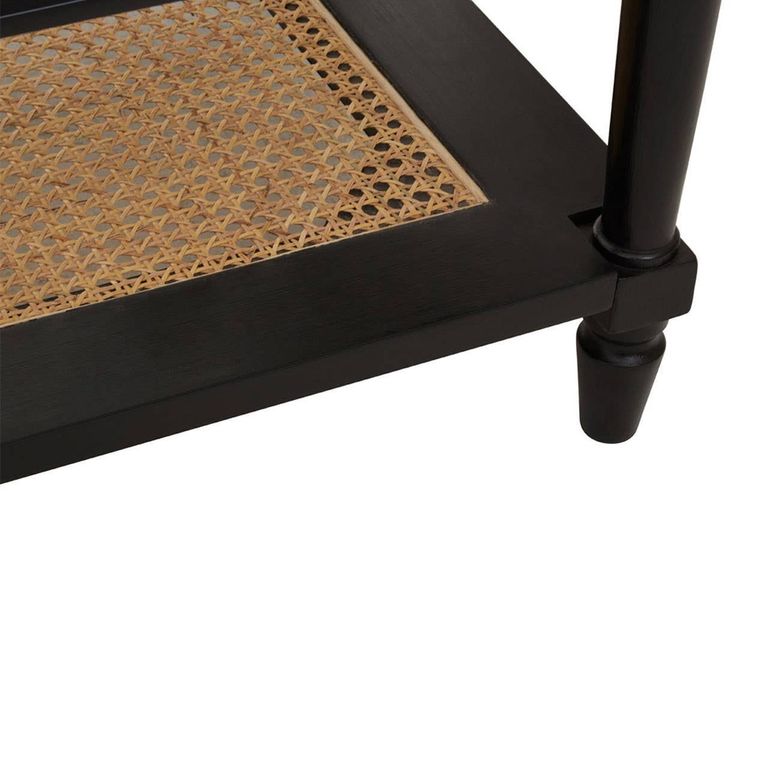 Corso Coffee Table - Clear Glass with Black Wood and Rattan Shelf