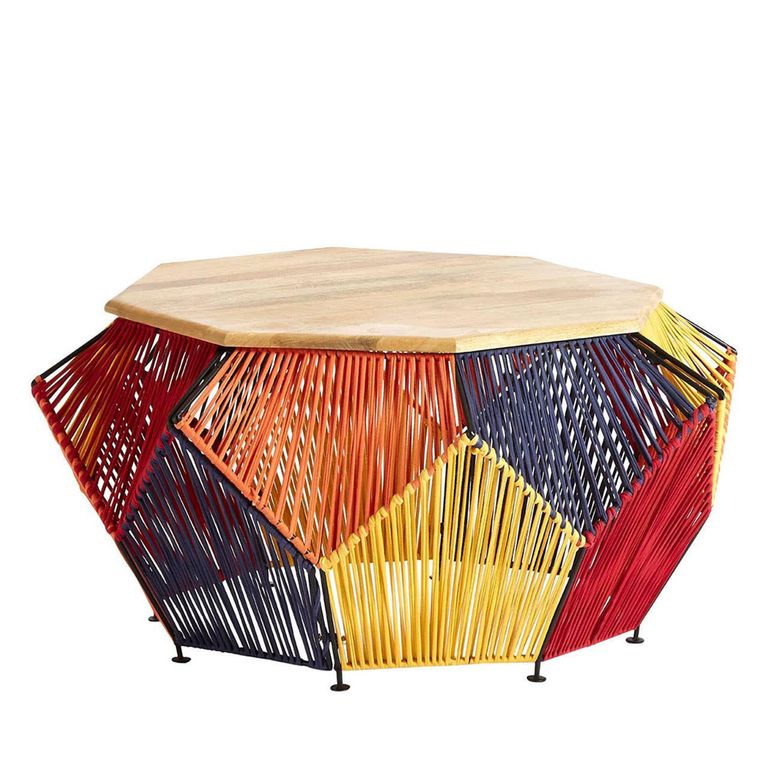 Fusion Coffee Table - Mango Wood with Multicoloured Woven Hexagonal Design