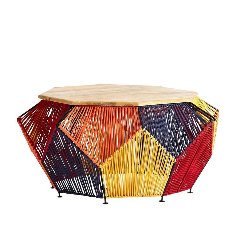 Fusion Coffee Table - Mango Wood with Multicoloured Woven Hexagonal Design