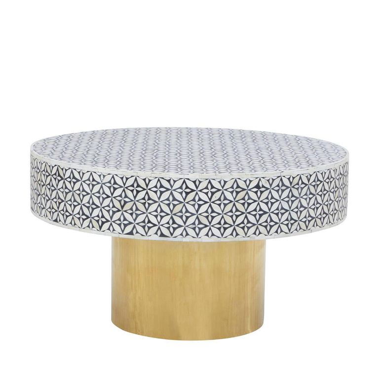 Fusion Coffee Table - White Bone Inlay - Round with Gold Base