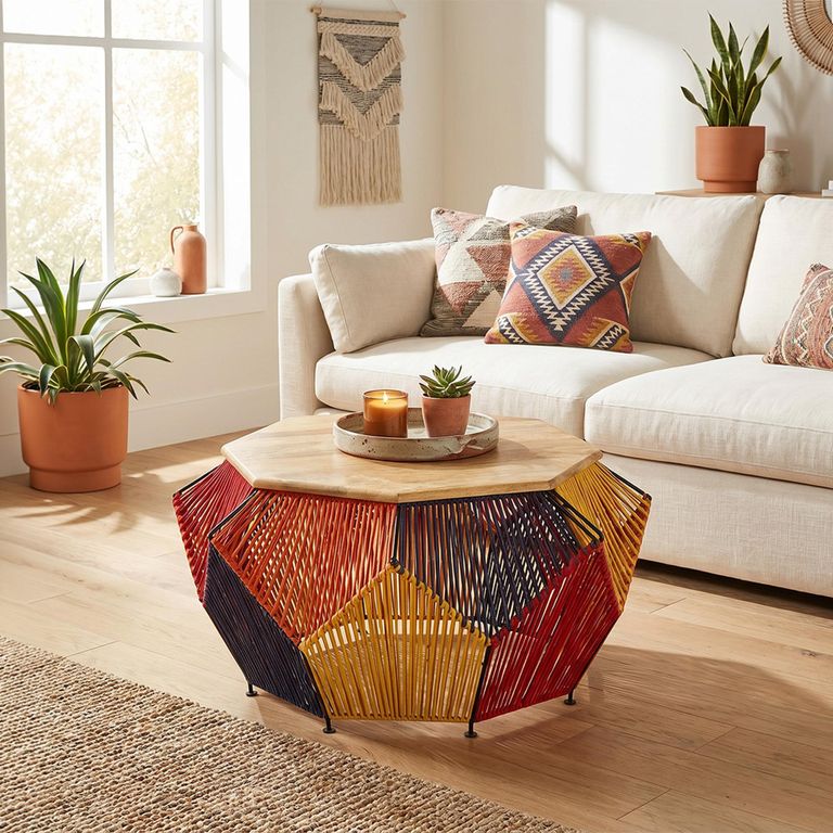 Fusion Coffee Table - Mango Wood with Multicoloured Woven Hexagonal Design