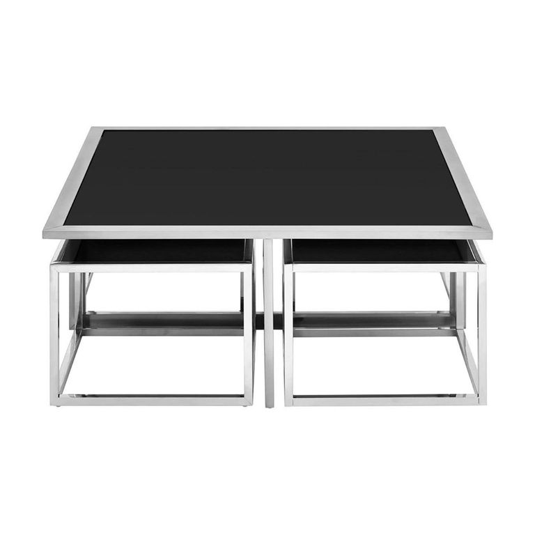 Horizon Coffee Table Set - Square - Black Glass with Silver Metal