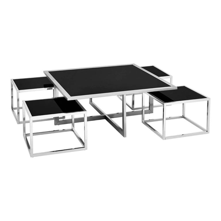 Horizon Coffee Table Set - Square - Black Glass with Silver Metal