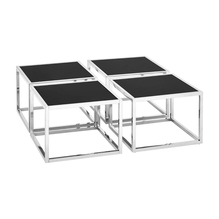 Horizon Coffee Table Set - Square - Black Glass with Silver Metal