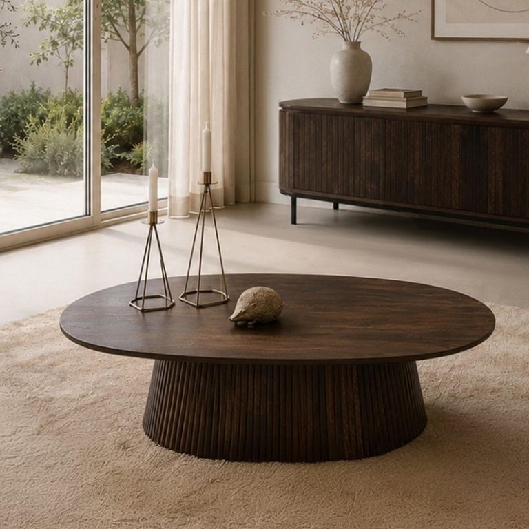 Salvator Curved Fluted Coffee Table - Oval - Walnut - Mango Wood