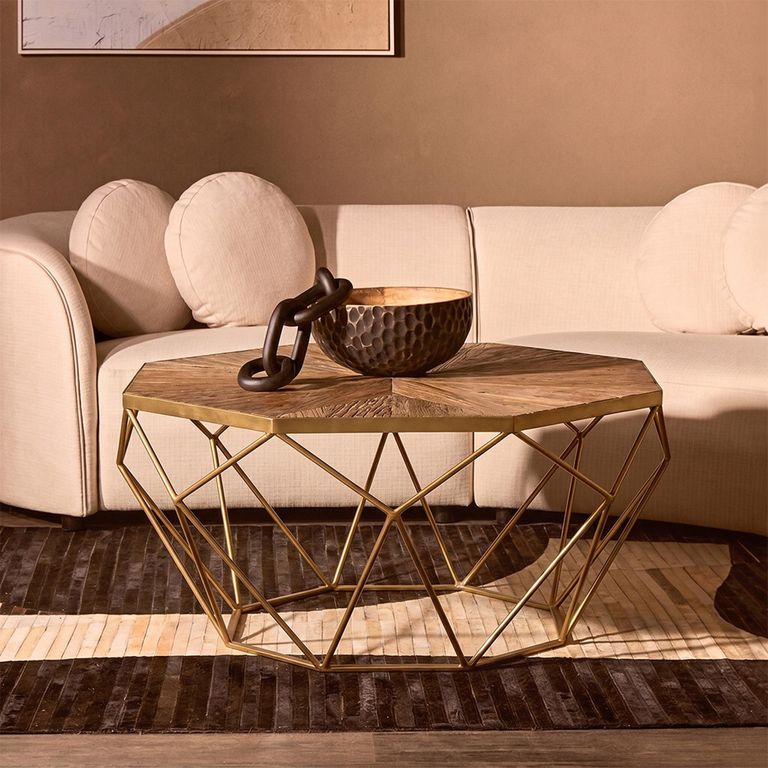 Jodi Coffee Table - Octagonal - Elm Wood and Gold Metal