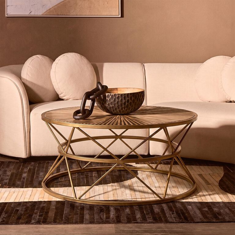 Jodi Coffee Table - Round - Elm Wood and Gold Metal