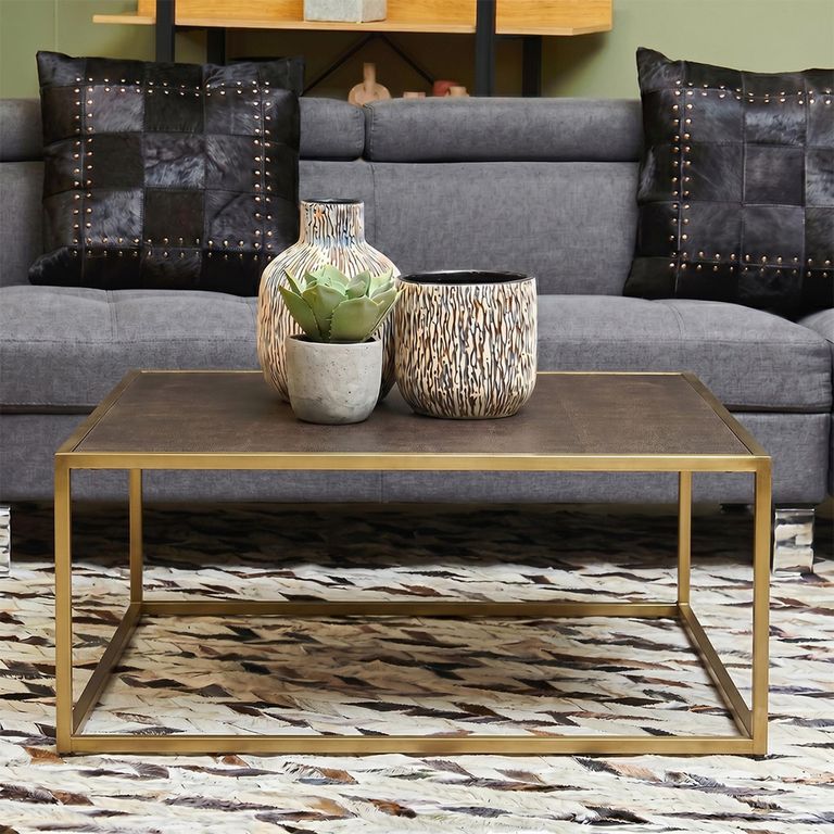 Kempton Coffee Table - Square - Grey Faux Shagreen with Gold Metal
