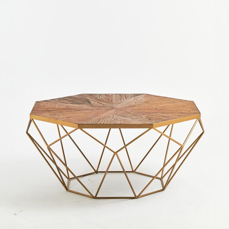 Jodi Coffee Table - Octagonal - Elm Wood and Gold Metal