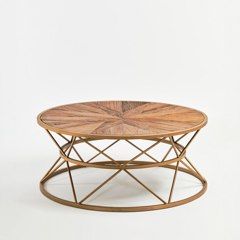 Jodi Coffee Table - Round - Elm Wood and Gold Metal