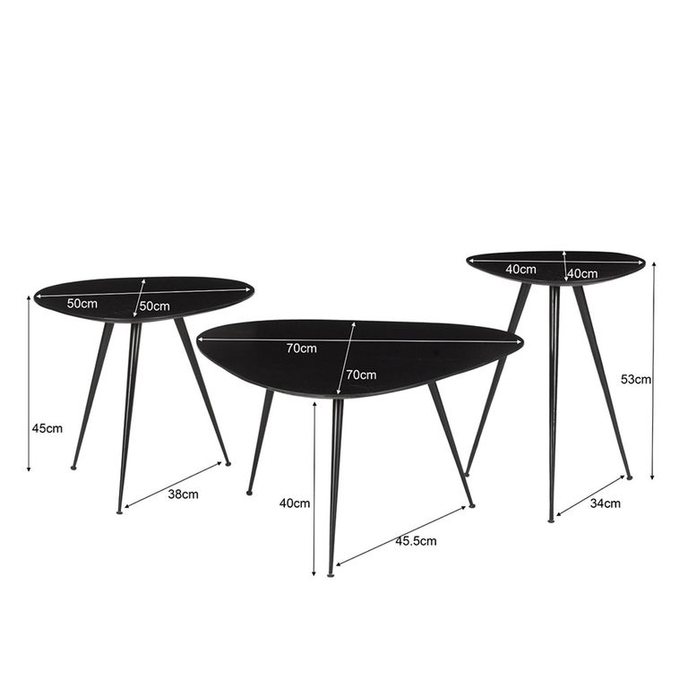 Brix Loua Coffee Table - Triangle - Set of 3 - Black - Mango Wood and Metal
