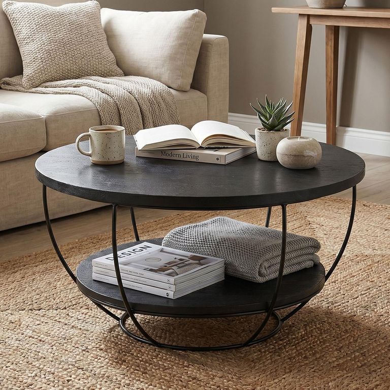 Brix Evan Coffee Table - Round - Large - Black - Mango Wood and Metal