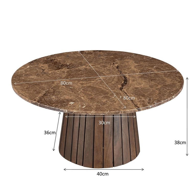 Brix Emperador Coffee Table - Round - Slatted - Chestnut - Marble and Mango Wood