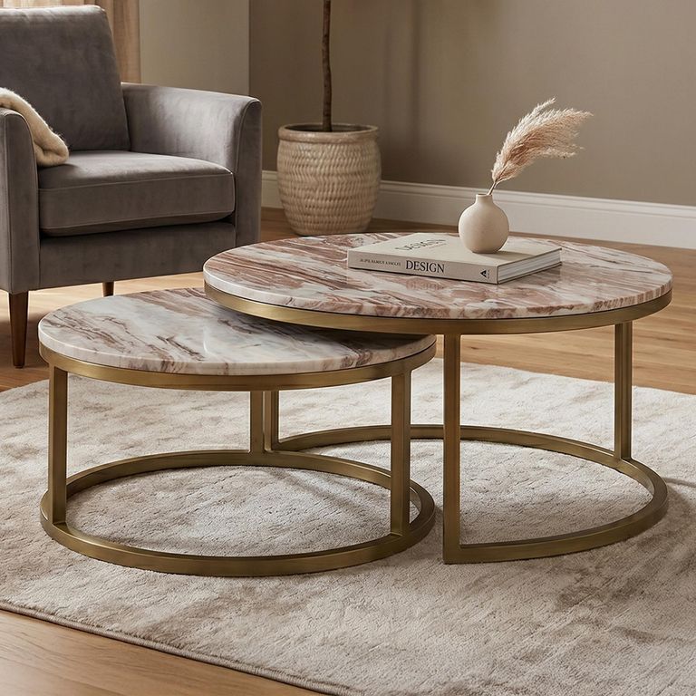 Bottega Coffee Table - Round - 2 Tier - Blush Beige - Marble and Metal