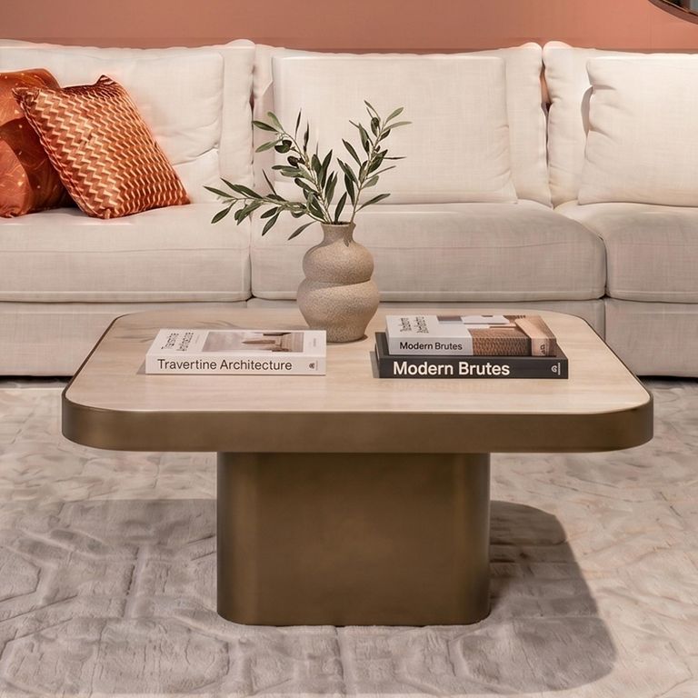 Claridge Coffee Table - Small - Square - Beige - Brushed Gold - Ceramic Top
