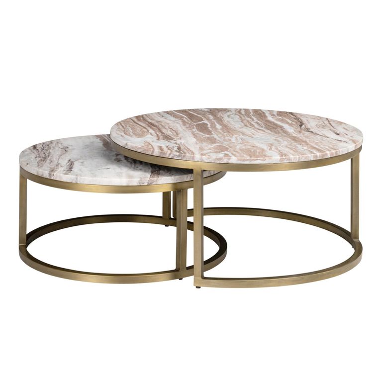Bottega Coffee Table - Round - 2 Tier - Blush Beige - Marble and Metal