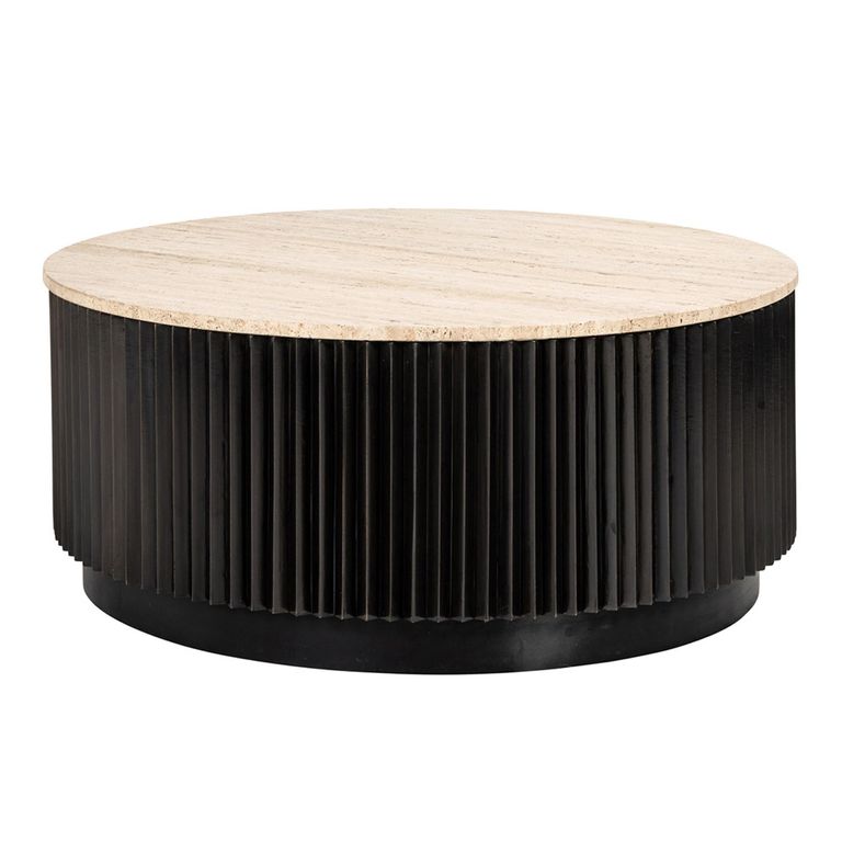 Hampton Travertine Beige Top Round Coffee Table with Black Fluted Base