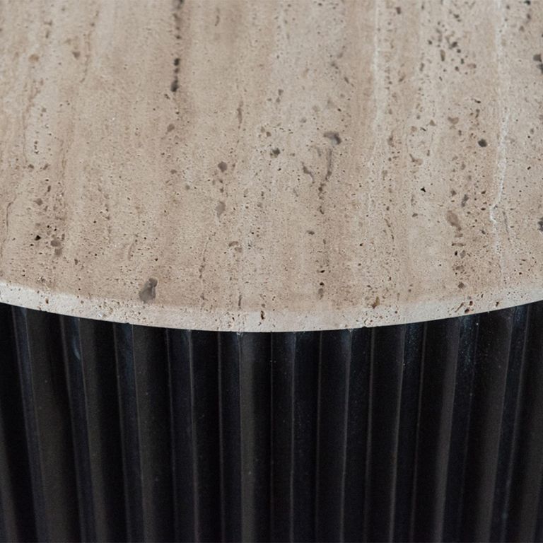 Hampton Travertine Beige Top Round Coffee Table with Black Fluted Base