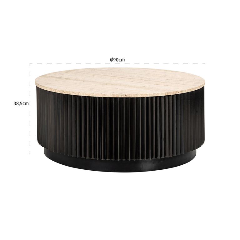 Hampton Travertine Beige Top Round Coffee Table with Black Fluted Base