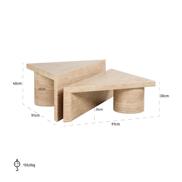 Fictus Travertine Beige Traingular 2 Tier Coffee Tables