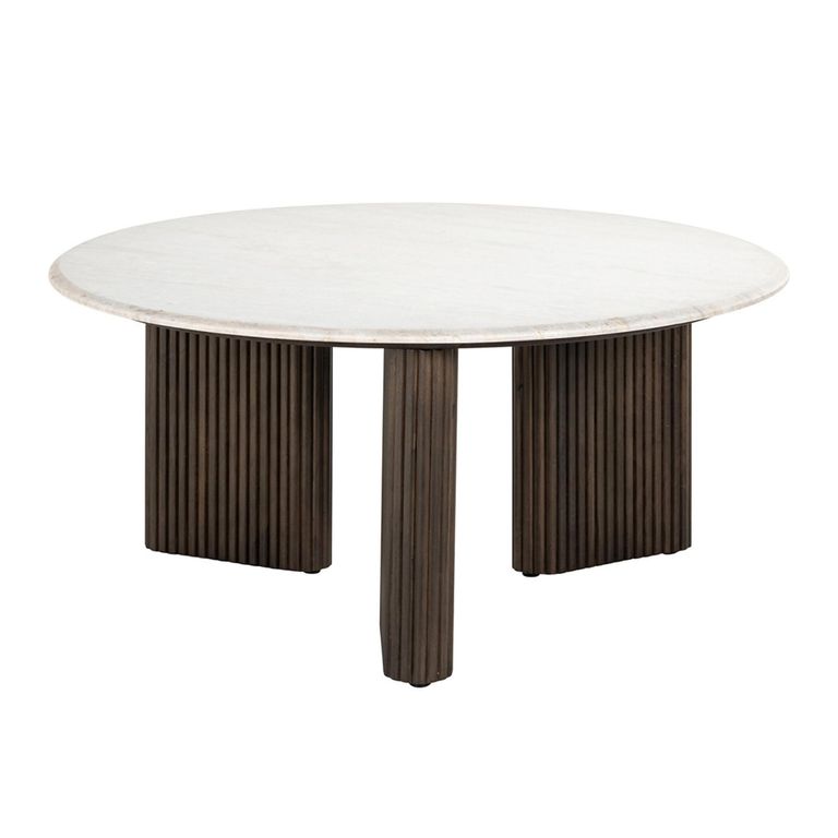 Mayfield White Marble Top Round Coffee Table - Dark Wood Fluted Base