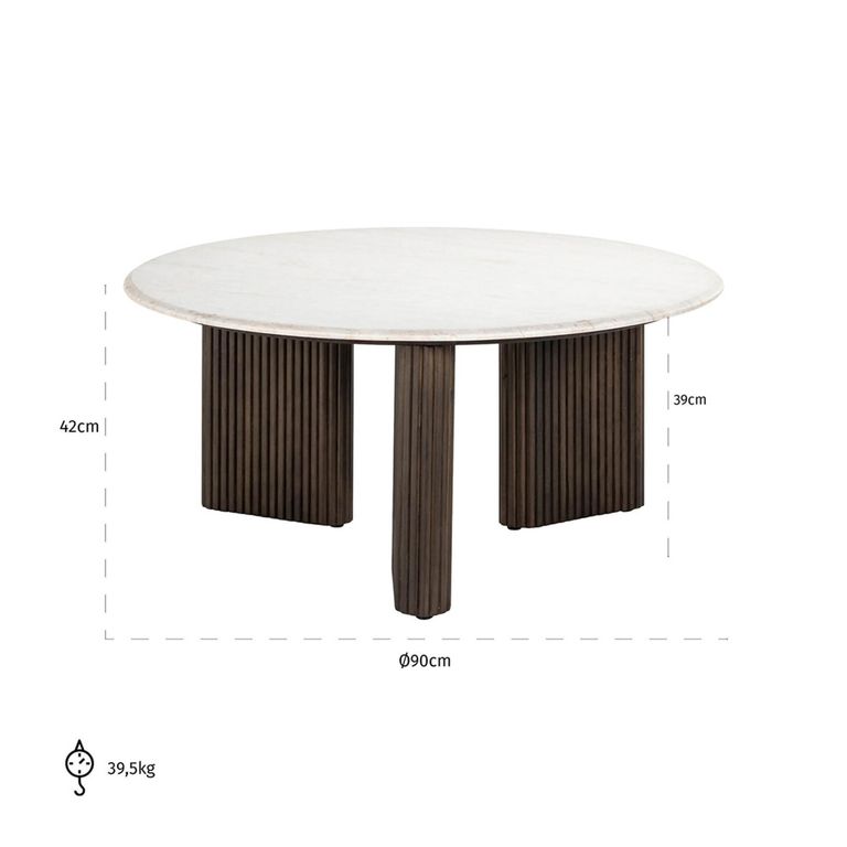 Mayfield White Marble Top Round Coffee Table - Dark Wood Fluted Base