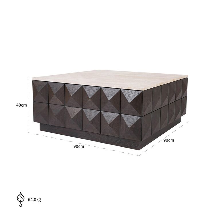 Claremont Dark Wood Square Geometric Coffee Table with Travertine Top