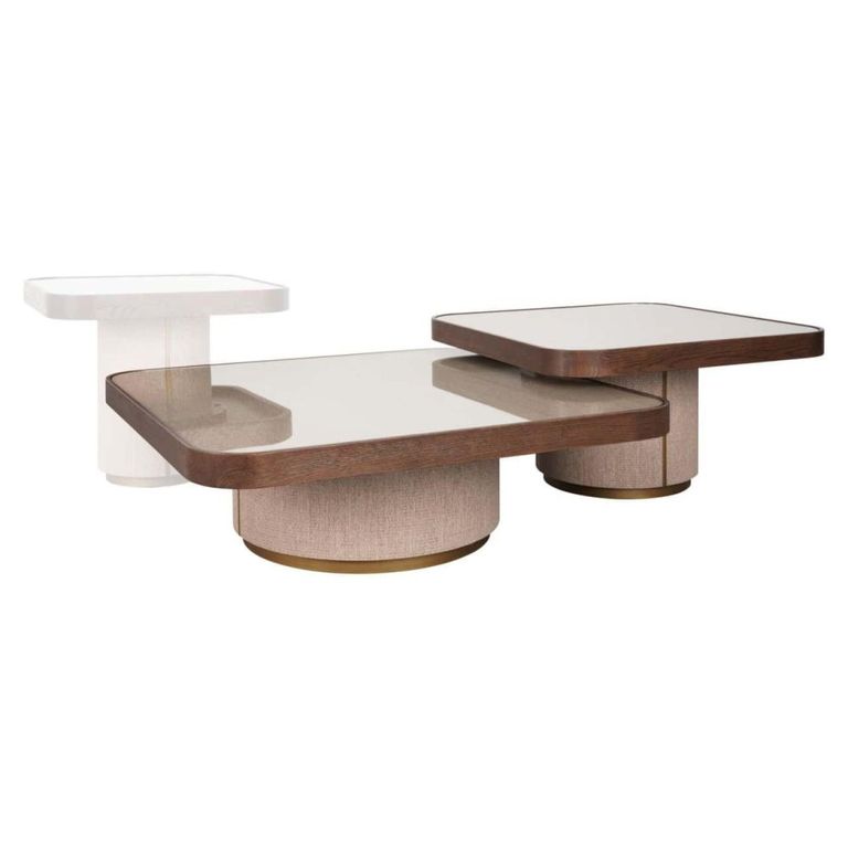 Willox Curved Coffee Table - Set of 2 - Square - Beige and Brown - Glass and Oak