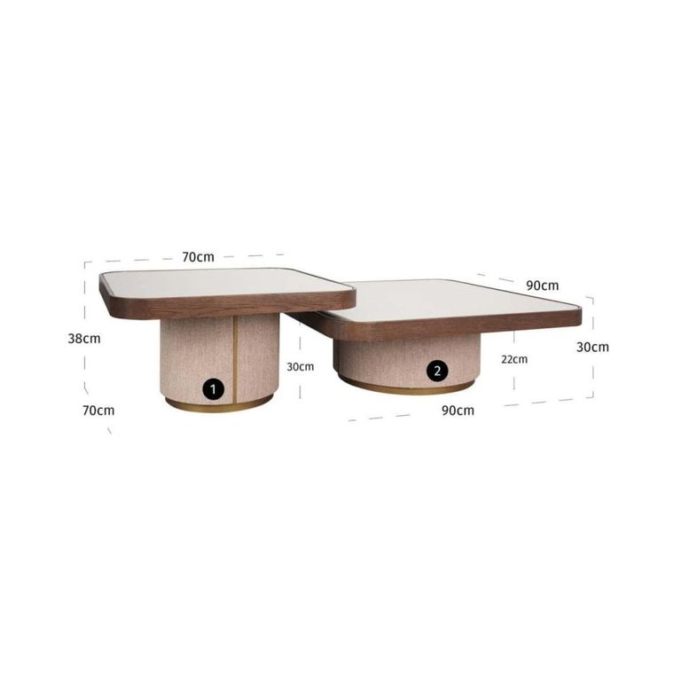 Willox Curved Coffee Table - Set of 2 - Square - Beige and Brown - Glass and Oak