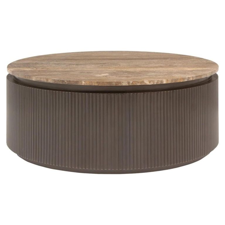 Russo Coffee Table - Round - Fluted Base - Ash Brown - Travertine Top