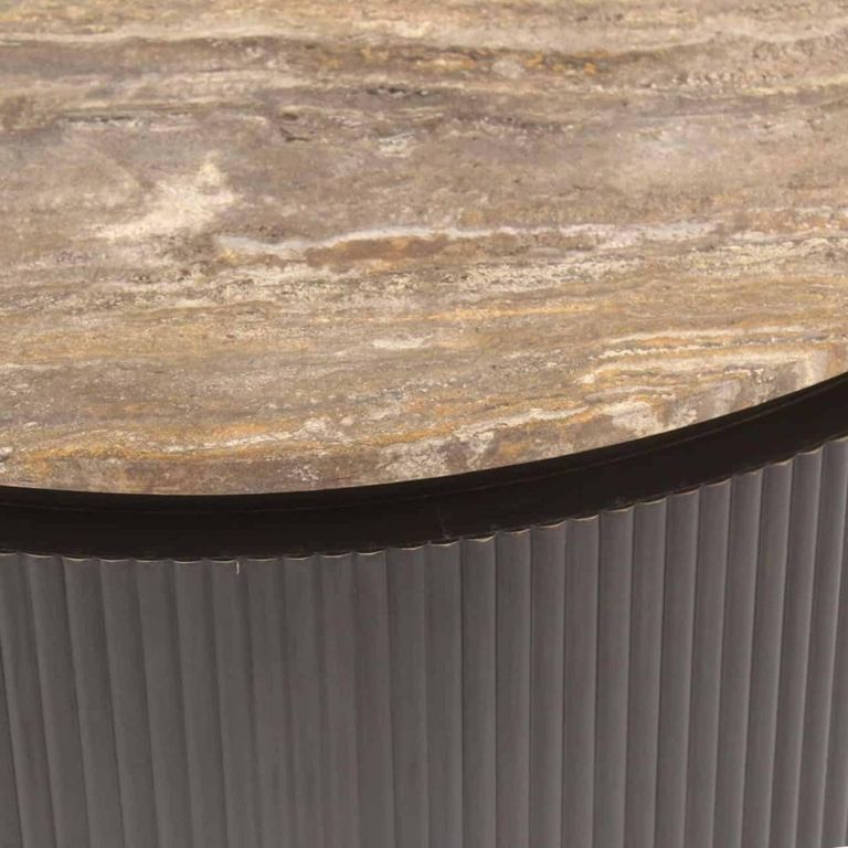 Russo Coffee Table - Round - Fluted Base - Ash Brown - Travertine Top