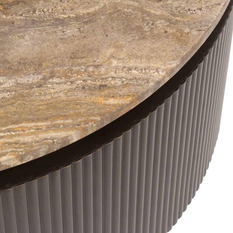 Russo Coffee Table - Round - Fluted Base - Ash Brown - Travertine Top