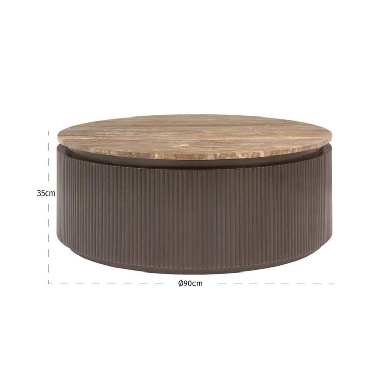 Russo Coffee Table - Round - Fluted Base - Ash Brown - Travertine Top