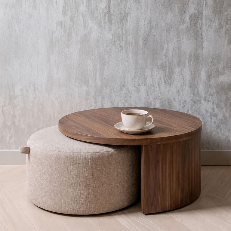 Windsor Coffee Table - 2 Tier - Round - Beige and Walnut - Wood and Fabric