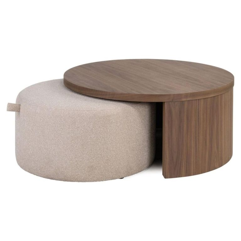 Windsor Coffee Table - 2 Tier - Round - Beige and Walnut - Wood and Fabric